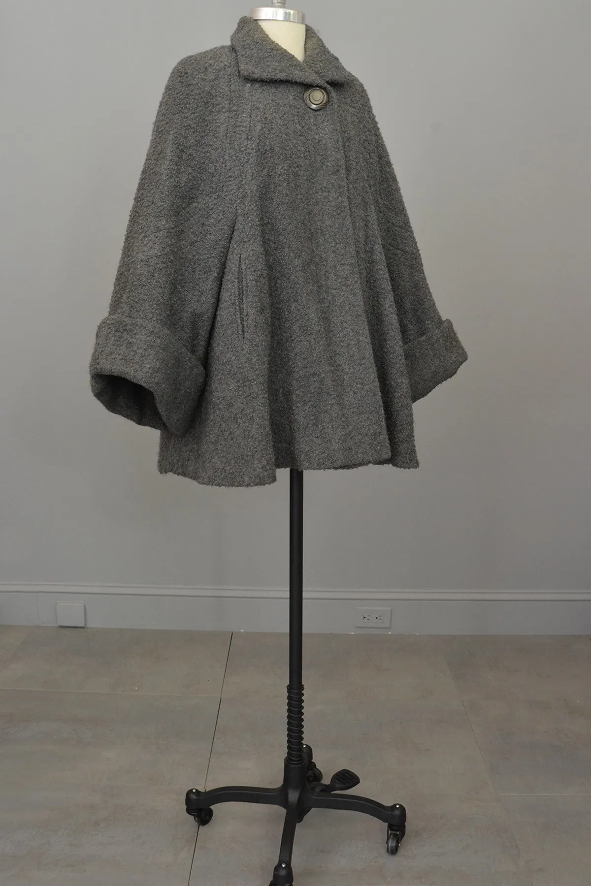 1940s Grey Boucle Swing Coat with Cuffed Bell Sleeves