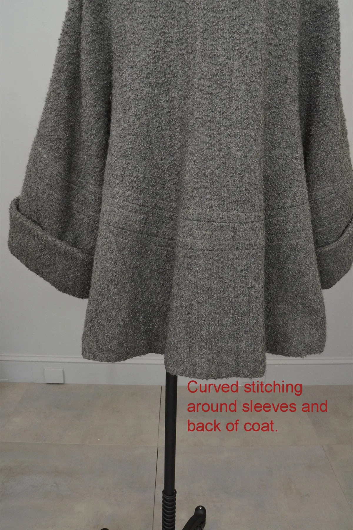 1940s Grey Boucle Swing Coat with Cuffed Bell Sleeves