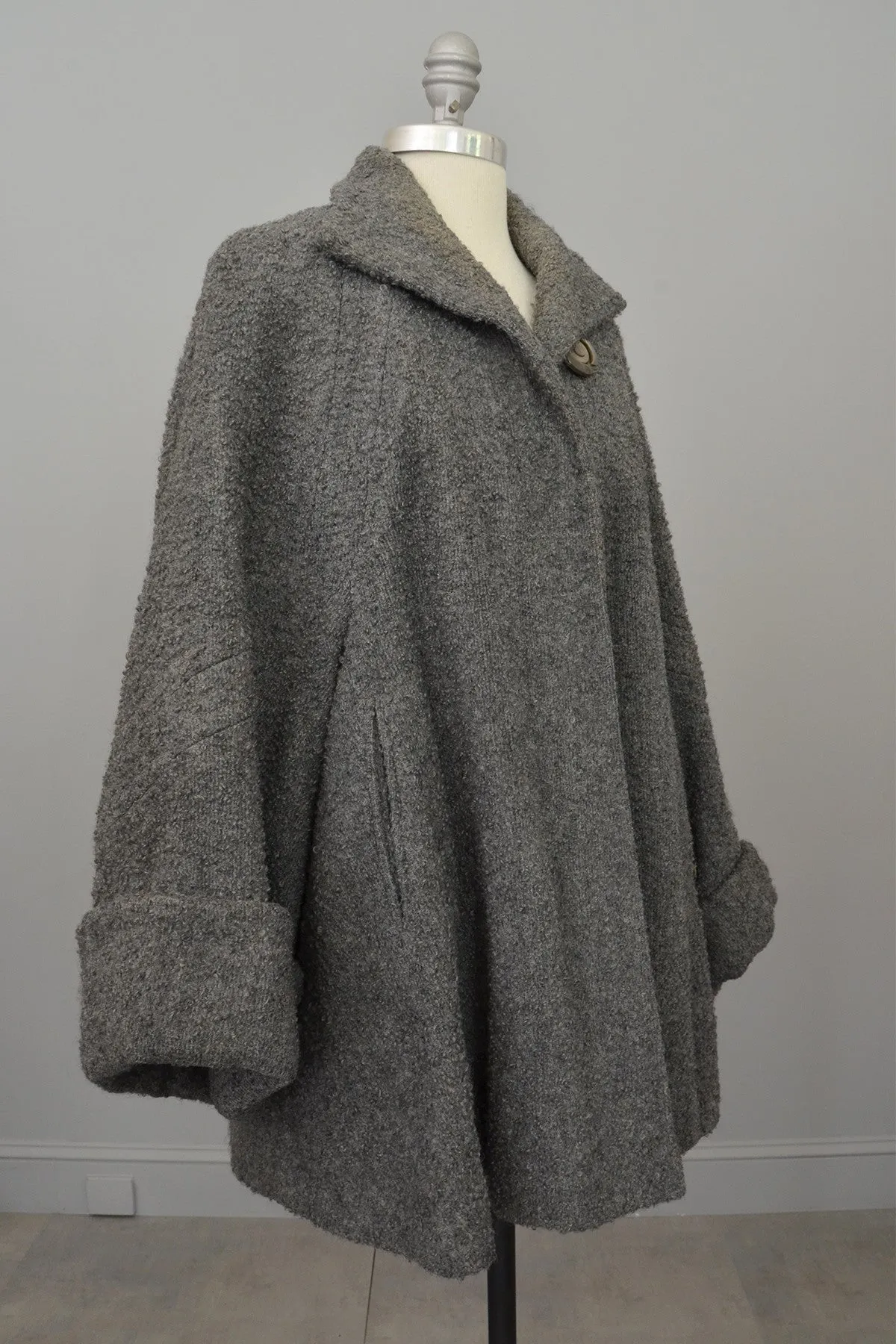 1940s Grey Boucle Swing Coat with Cuffed Bell Sleeves