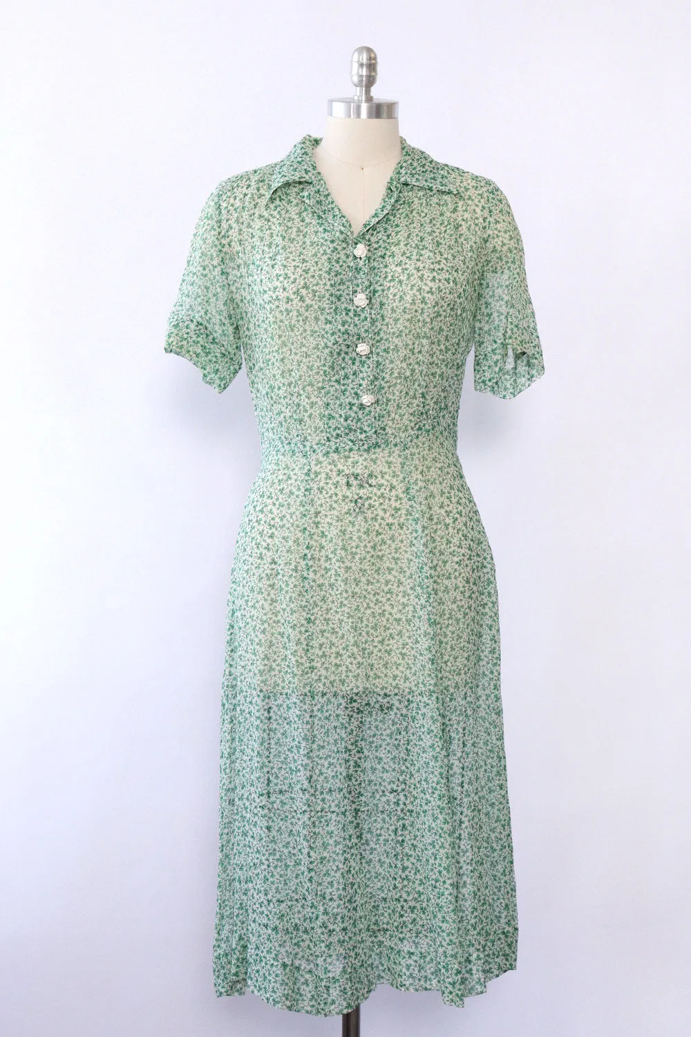 1940s Sheer Shamrock Day Dress M/L