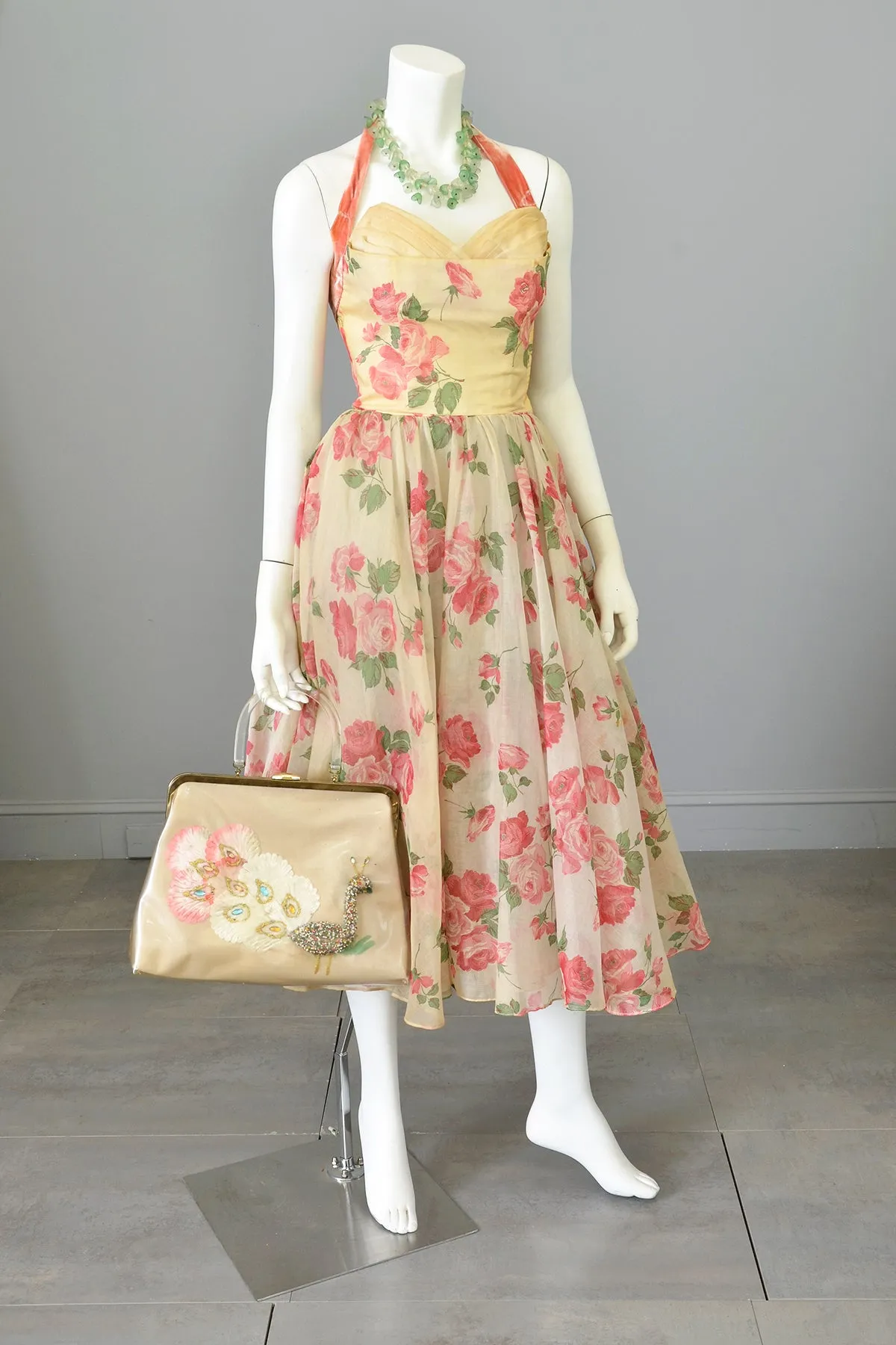 1950s Desert Rose Organza Halter Party Dress