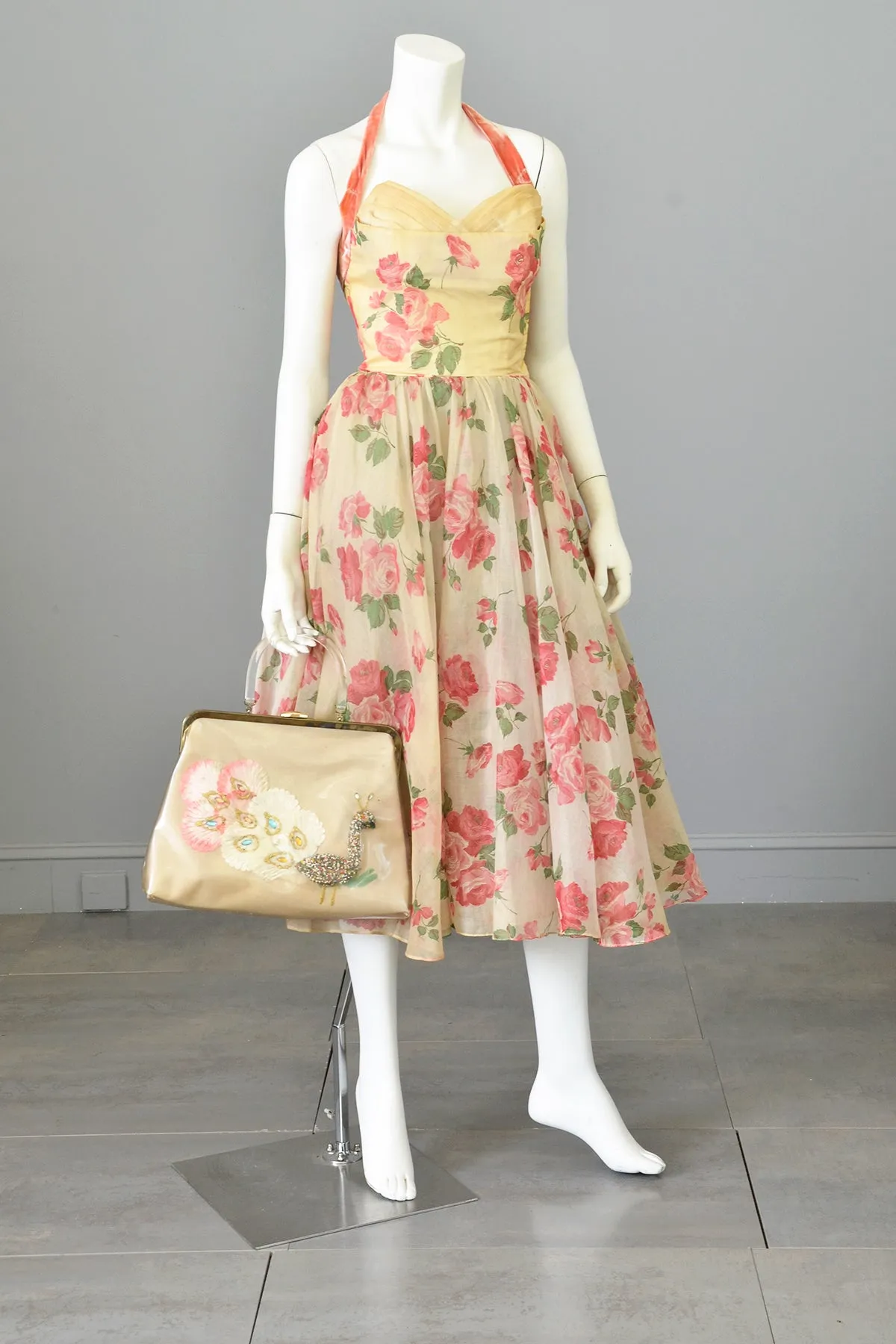 1950s Desert Rose Organza Halter Party Dress