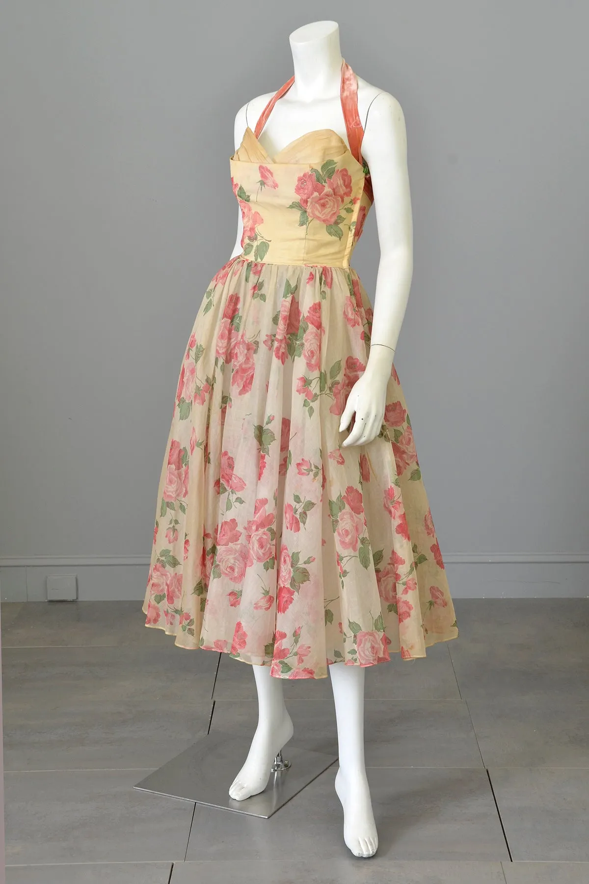 1950s Desert Rose Organza Halter Party Dress