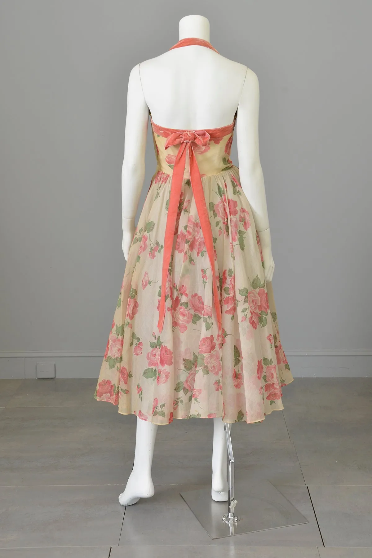 1950s Desert Rose Organza Halter Party Dress