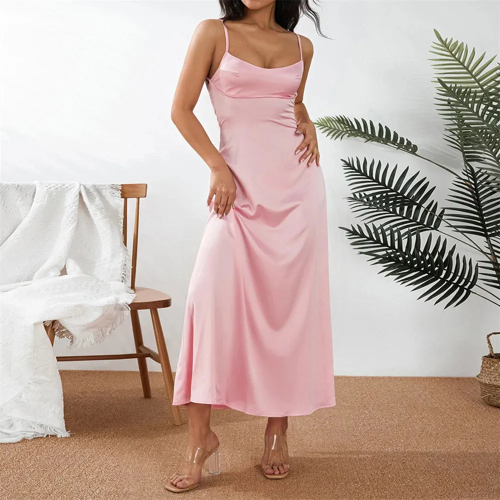 2024 Women Solid Color Silky Satin Slip Summer Casual Sleeveless Maxi Dress