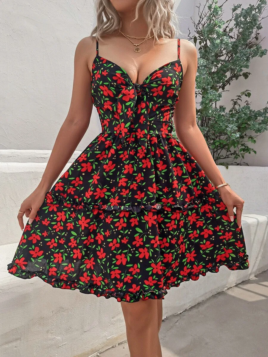 2024Sleeveless Floral Print Cut Out Cami Dress