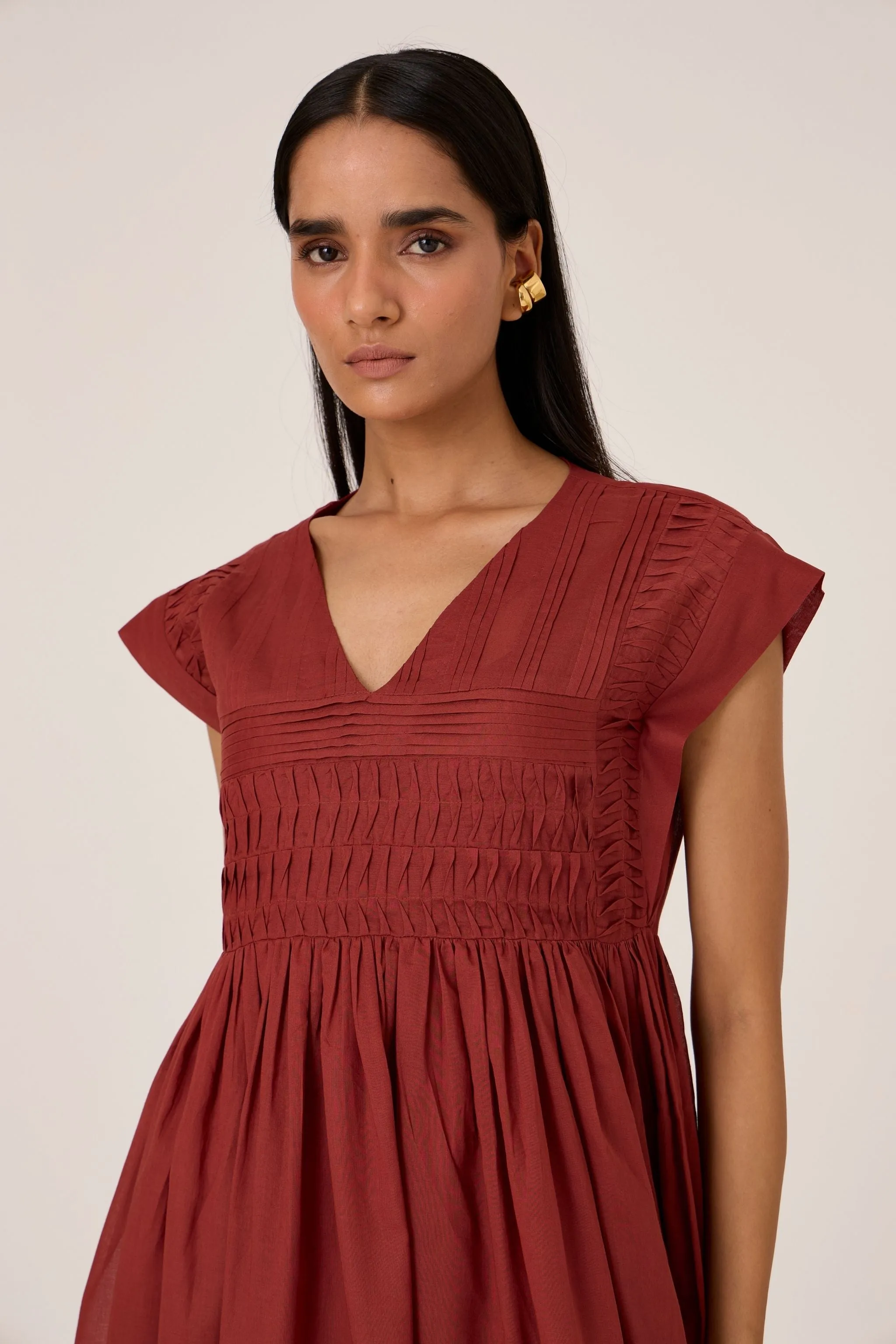 Aelia Umber Pleated Midi Dress