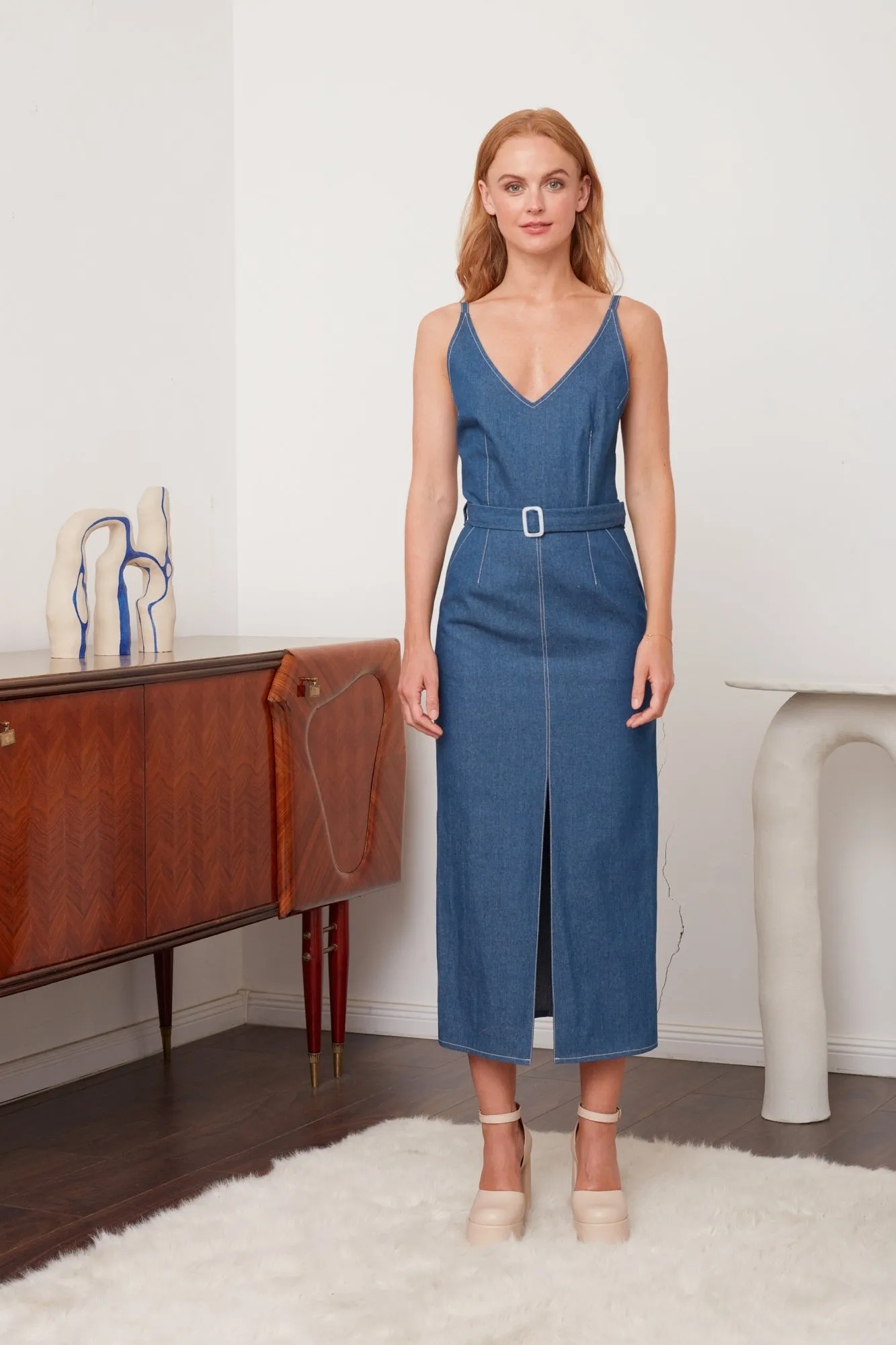 ALBERTA classy blue denim midi dress