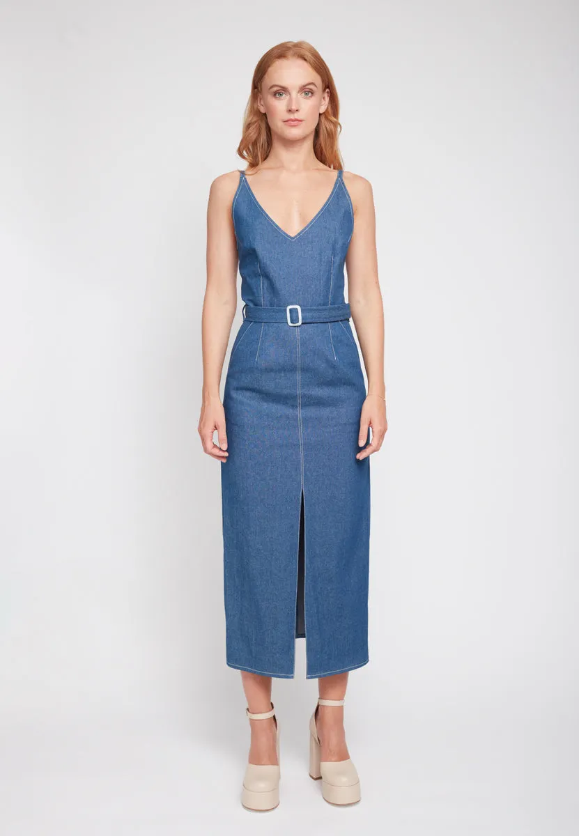 ALBERTA classy blue denim midi dress