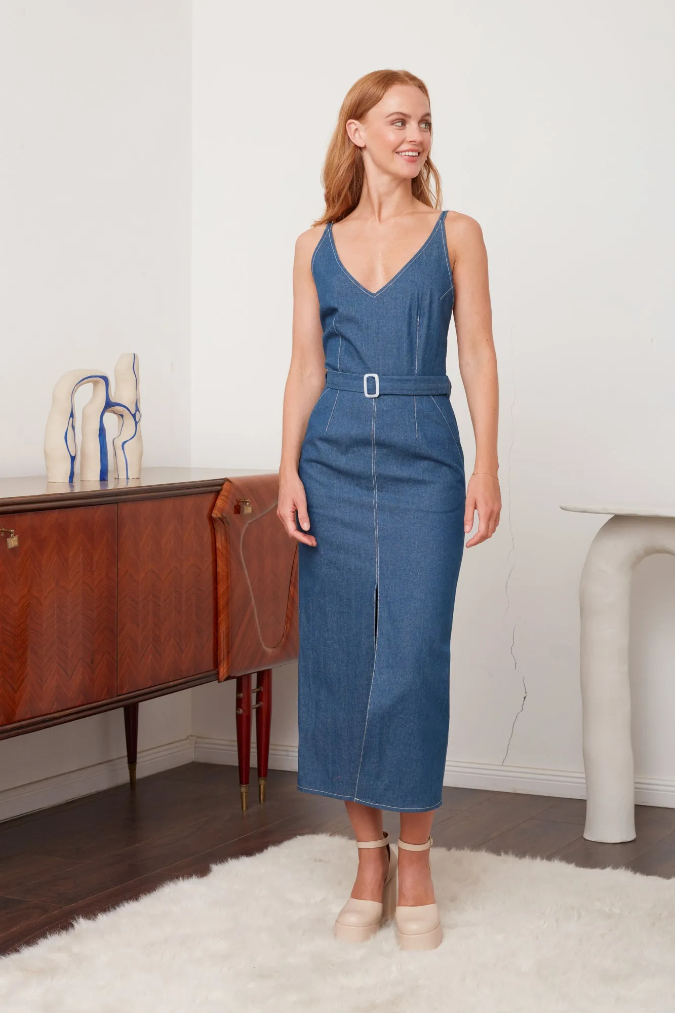 ALBERTA classy blue denim midi dress