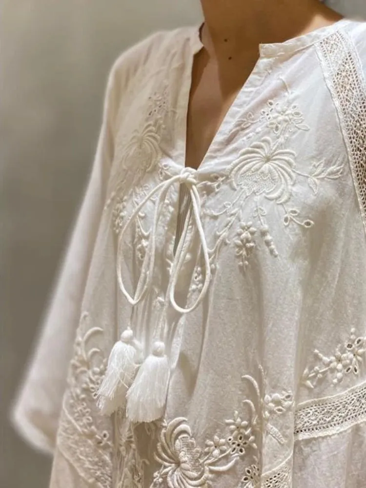 Amy Fashion - Cotton Linen Beach White V Neck Embroidered Boho Dress