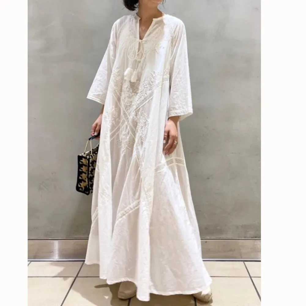 Amy Fashion - Cotton Linen Beach White V Neck Embroidered Boho Dress