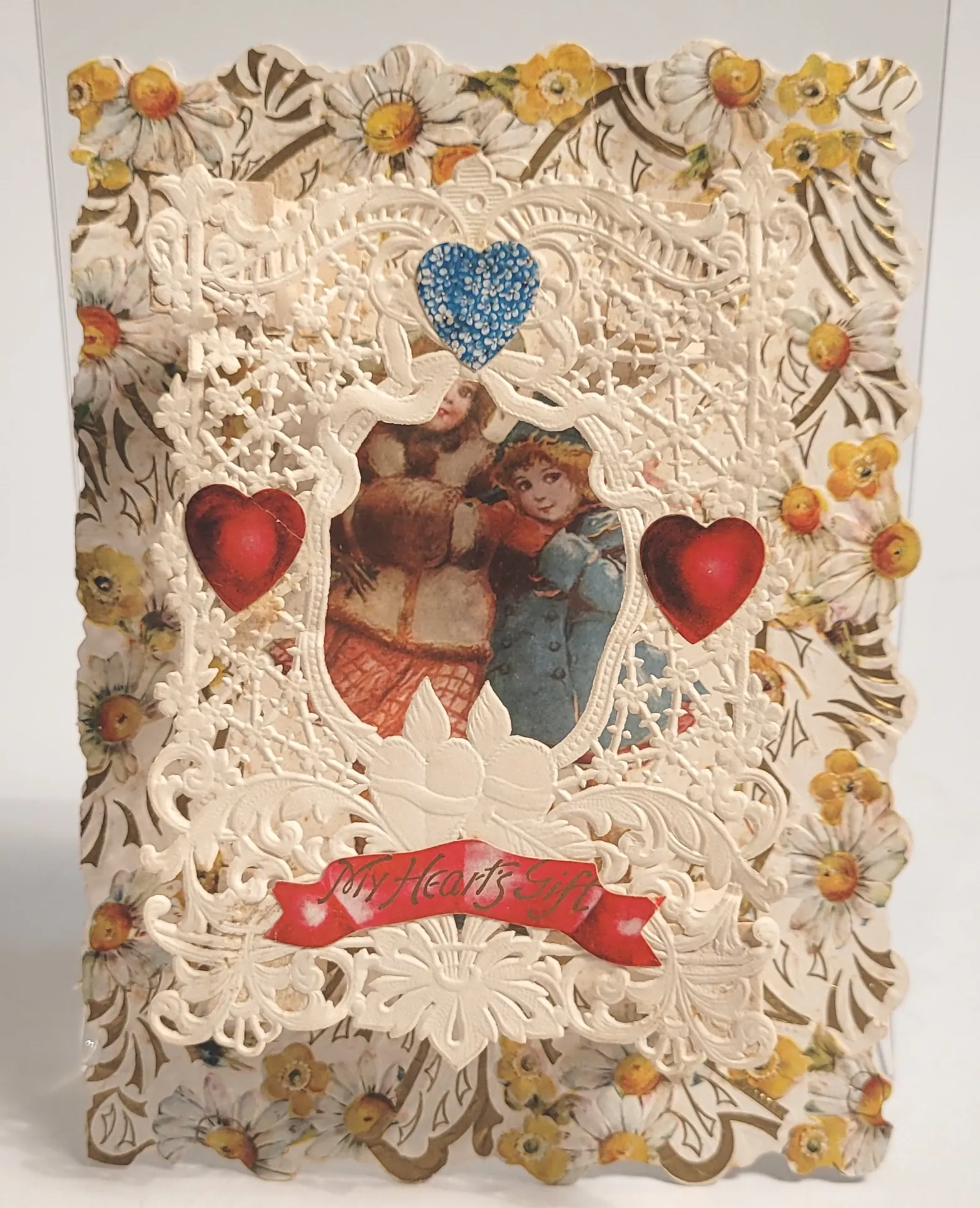 Antique Elaborate Die-Cut "My Heart's Gift," VALENTINE'S DAY CARD, Little Girls with Fur Muffs