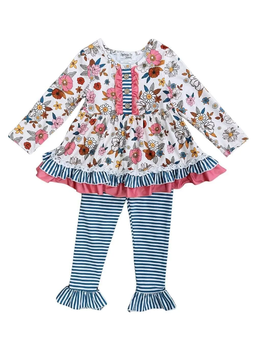 Autumn Blooms Blue Stripe Girls Leggings Outfit