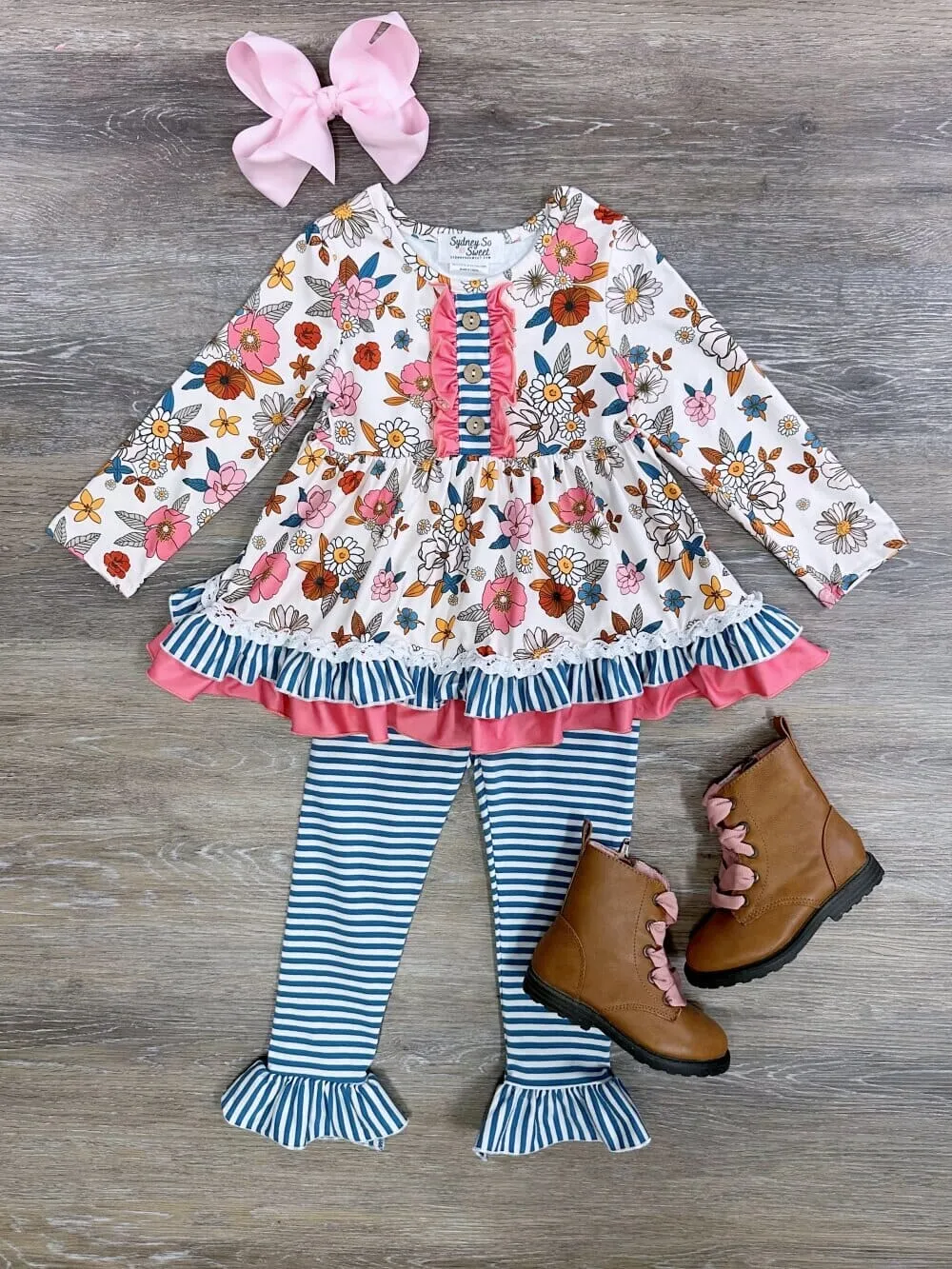 Autumn Blooms Blue Stripe Girls Leggings Outfit