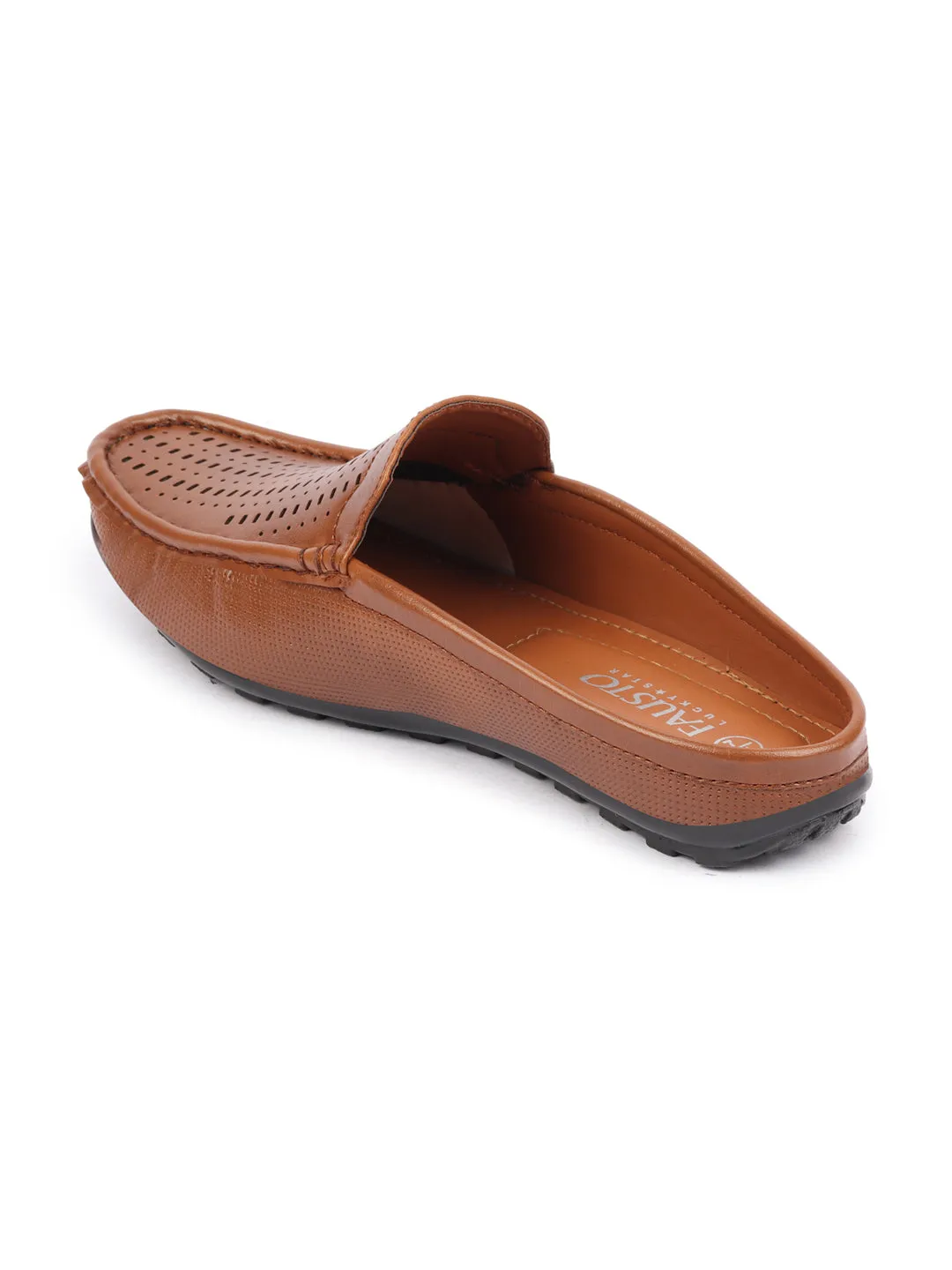 Basics Men Tan Back Open Laser Cut Design Textured Ethnic Casual Wedding Slip On Mules