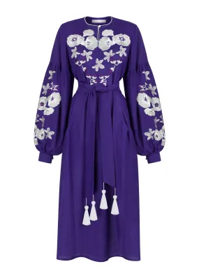 Belle Ikat Purple Olena Embroidered Linen Dress