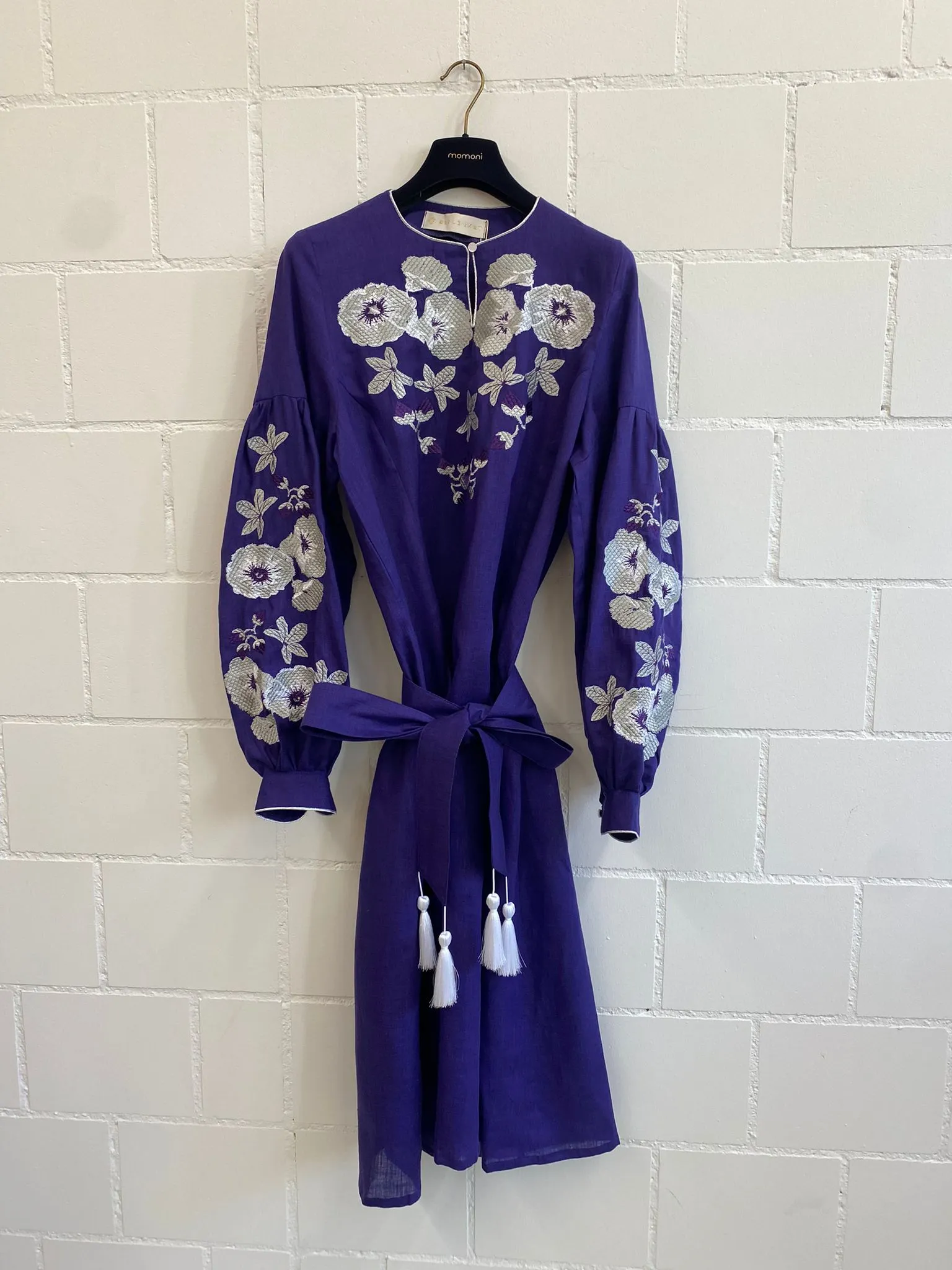 Belle Ikat Purple Olena Embroidered Linen Dress