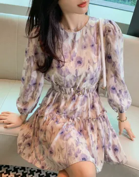 BerryBetty - Boho Floral Print Bow Tie Neck Chiffon Summer Dress