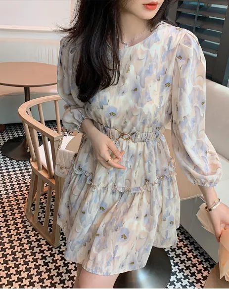 BerryBetty - Boho Floral Print Bow Tie Neck Chiffon Summer Dress