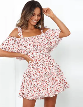 BerryBetty - Boho Printed Mini Dress Women Slash Neck Holiday Beach Dresses A Line Short Sleeve Ruffle Dress