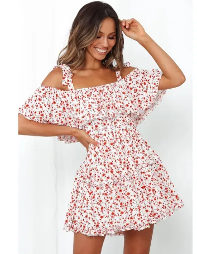 BerryBetty - Boho Printed Mini Dress Women Slash Neck Holiday Beach Dresses A Line Short Sleeve Ruffle Dress