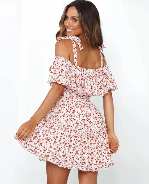 BerryBetty - Boho Printed Mini Dress Women Slash Neck Holiday Beach Dresses A Line Short Sleeve Ruffle Dress