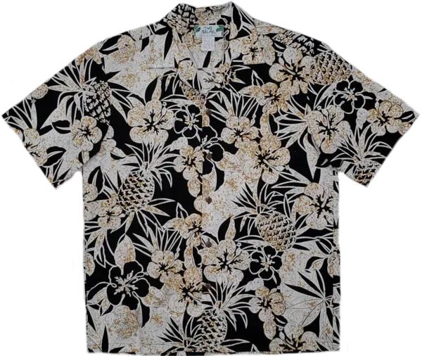 Black Hawaiian Aloha Shirt with Pineapple and Hibiscus Print