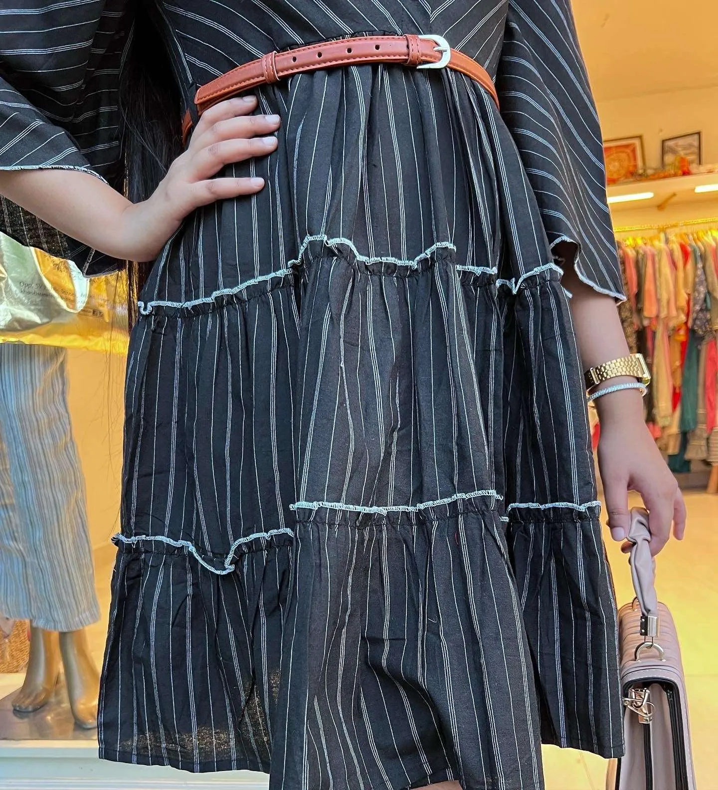 Black Stripes Midi Belt Dress