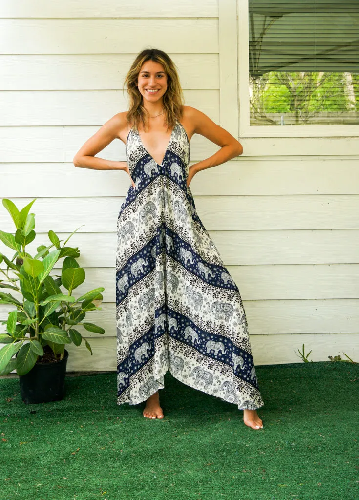 Blue Cute Elephant Goddess Maxi Dress