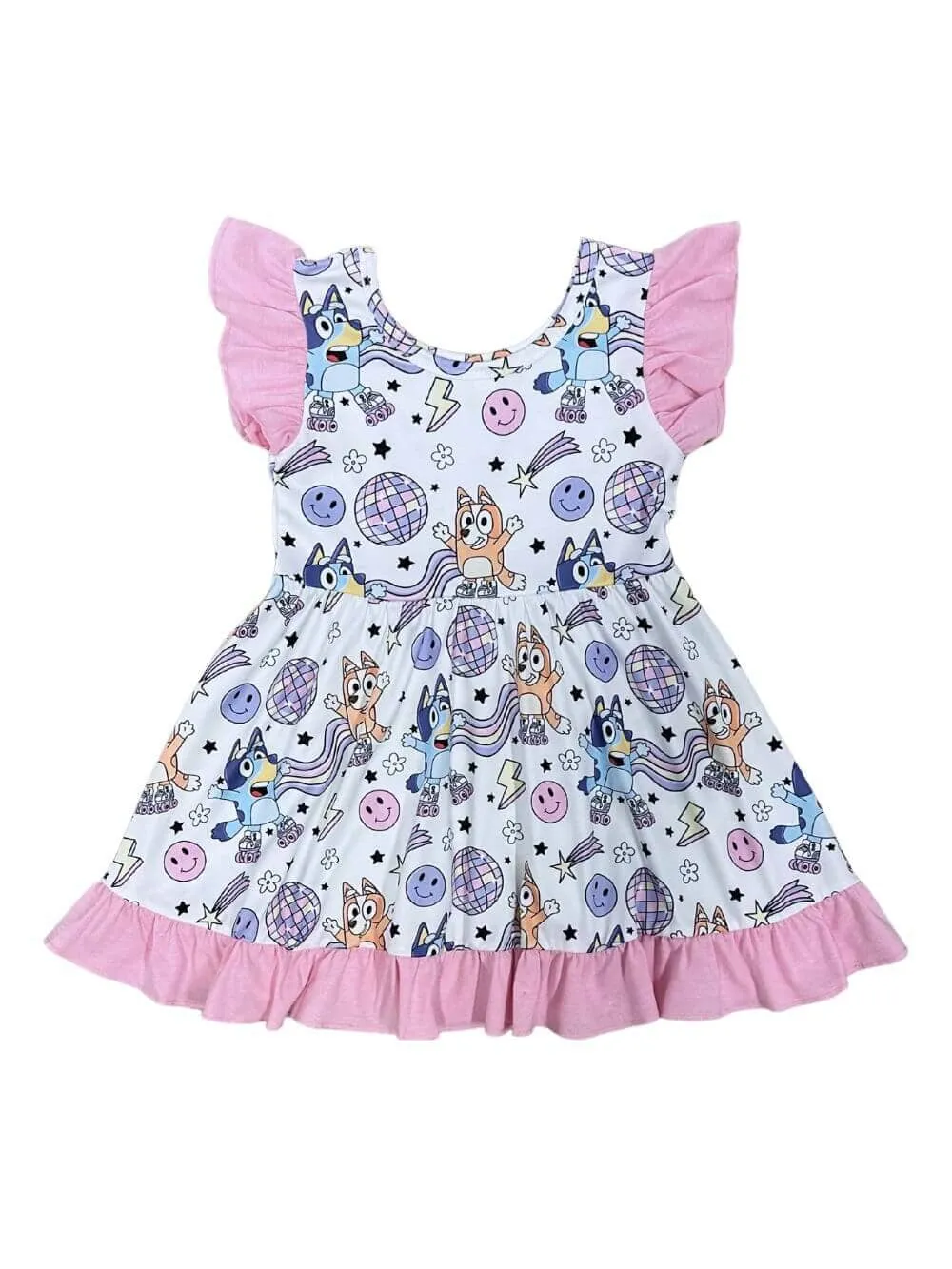 Blue Dog Roller Skate Derby Girls Pink Ruffle Dress