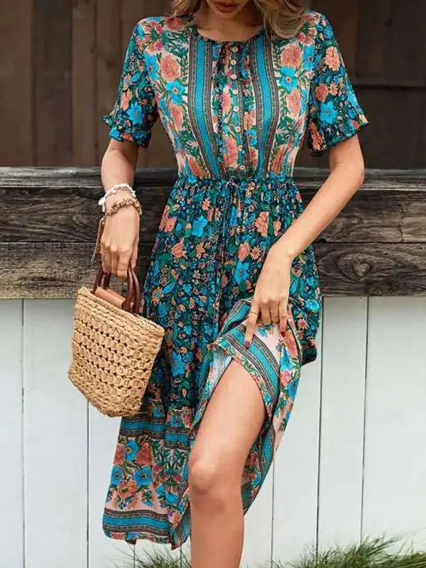 Bohemian Resort Print Button Tie Dress