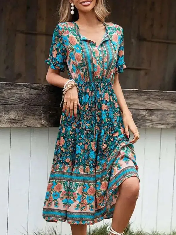 Bohemian Resort Print Button Tie Dress