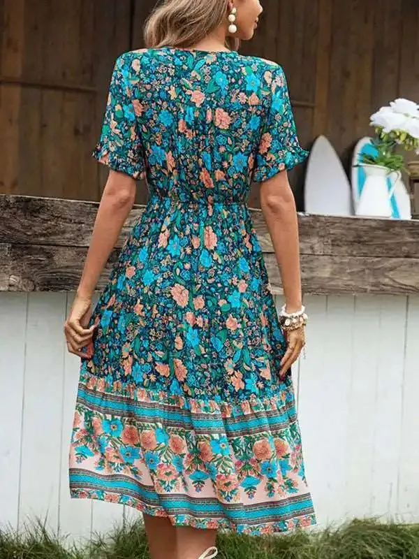 Bohemian Resort Print Button Tie Dress