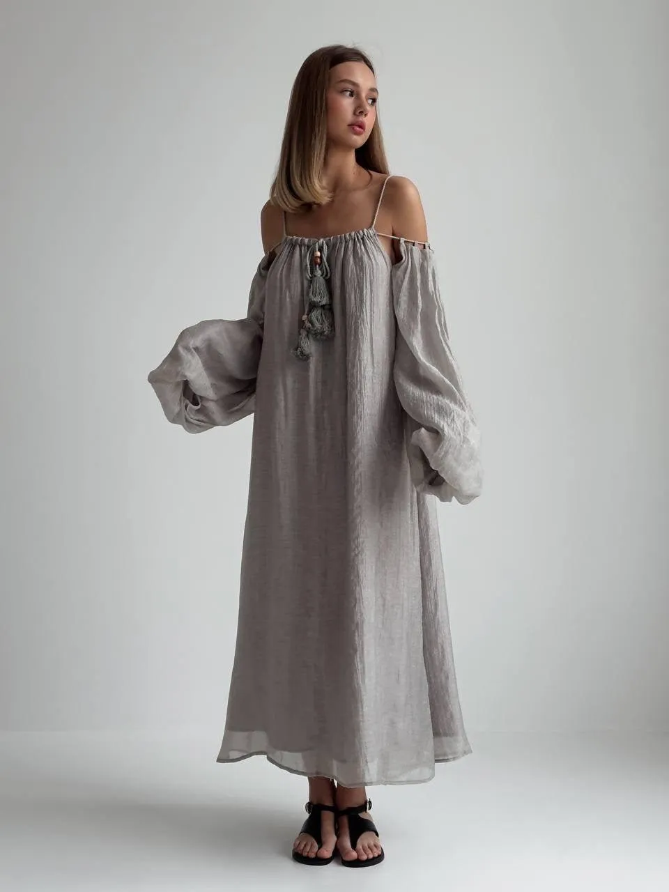 Bohemian Style Grey Linen Maxi Dress