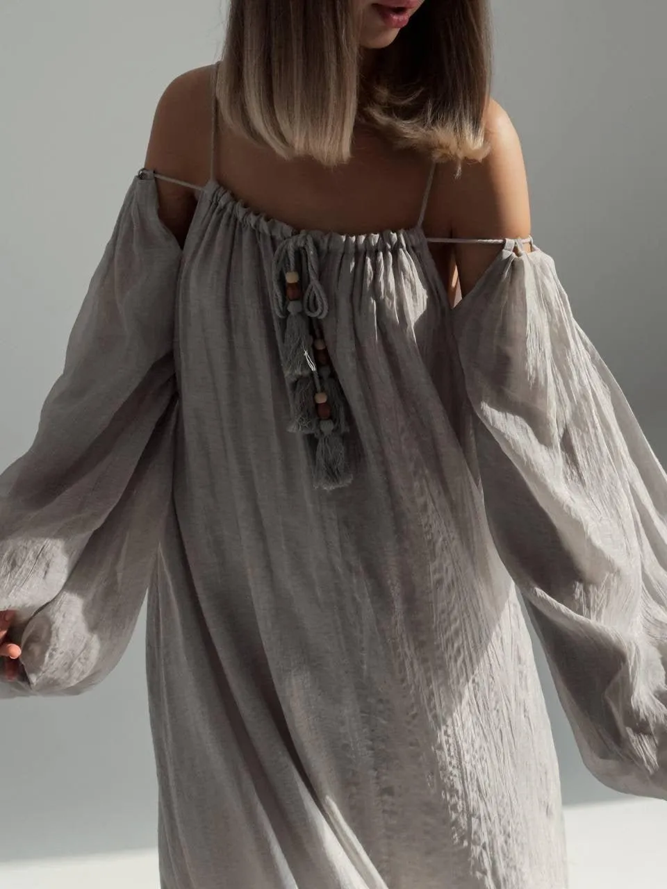 Bohemian Style Grey Linen Maxi Dress