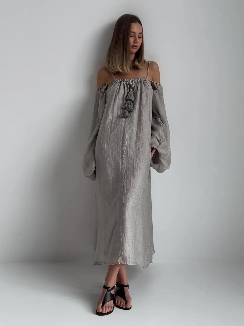 Bohemian Style Grey Linen Maxi Dress