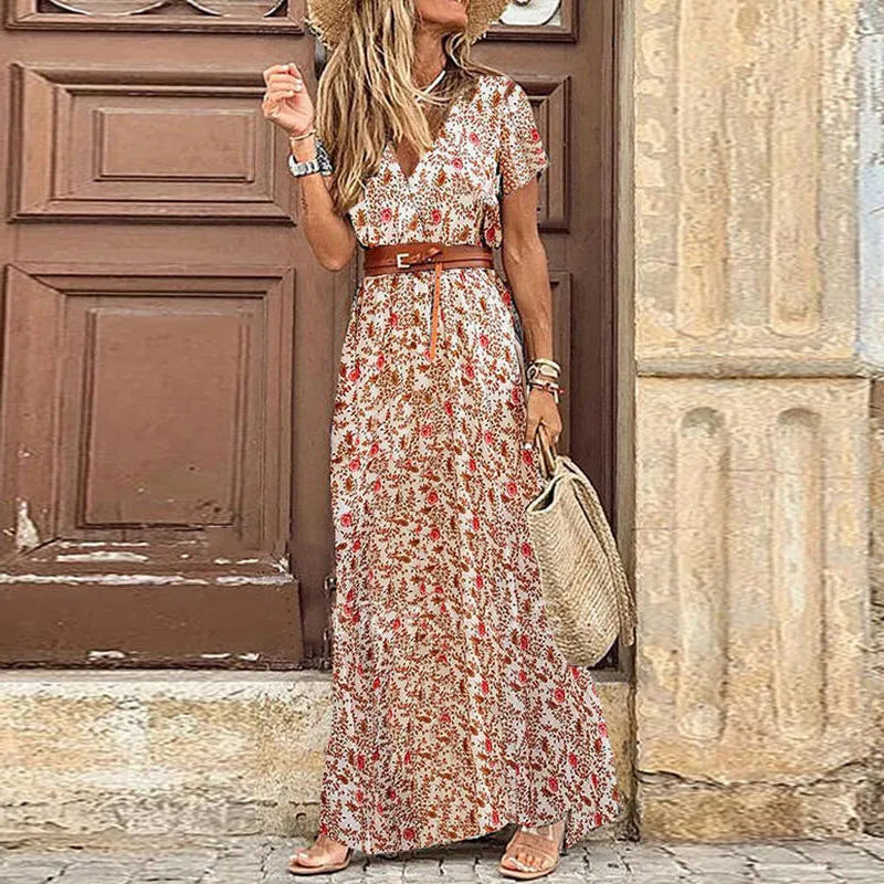 Boho Dress With Belt, Bohemian Maxi Summer Dress For Women