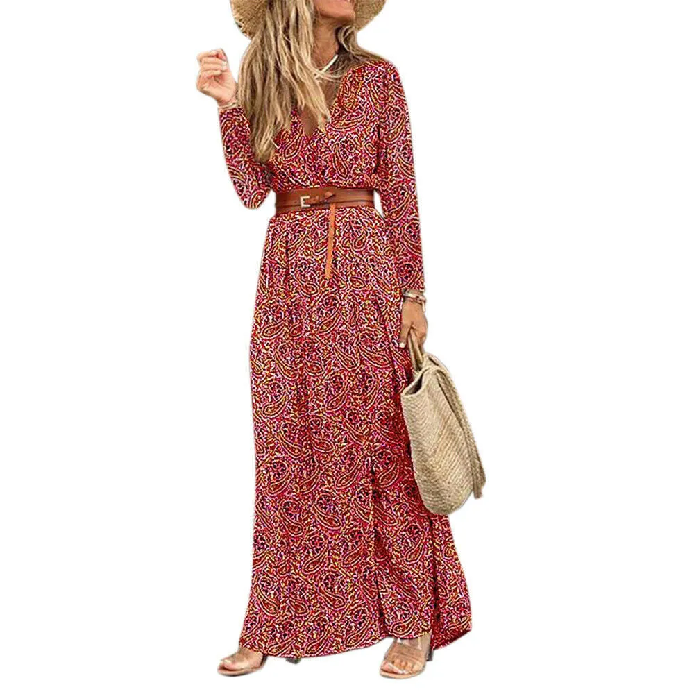 Boho Dress With Belt, Bohemian Maxi Summer Dress For Women