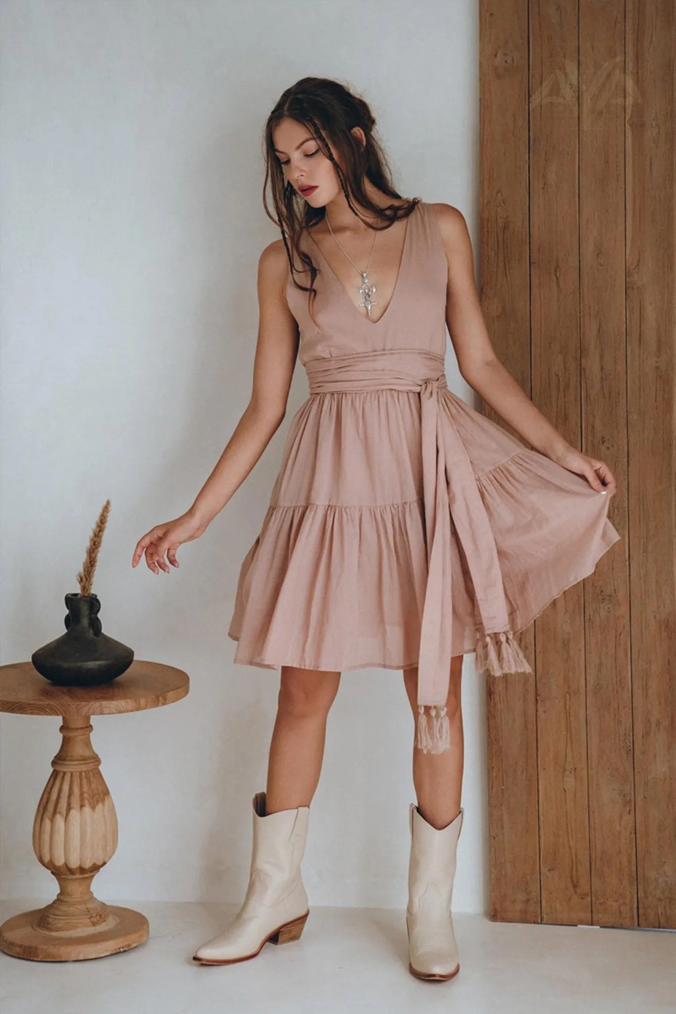 Boho Mini Bridesmaid Dress • Dusty Pink A Line Mini Belted Dress