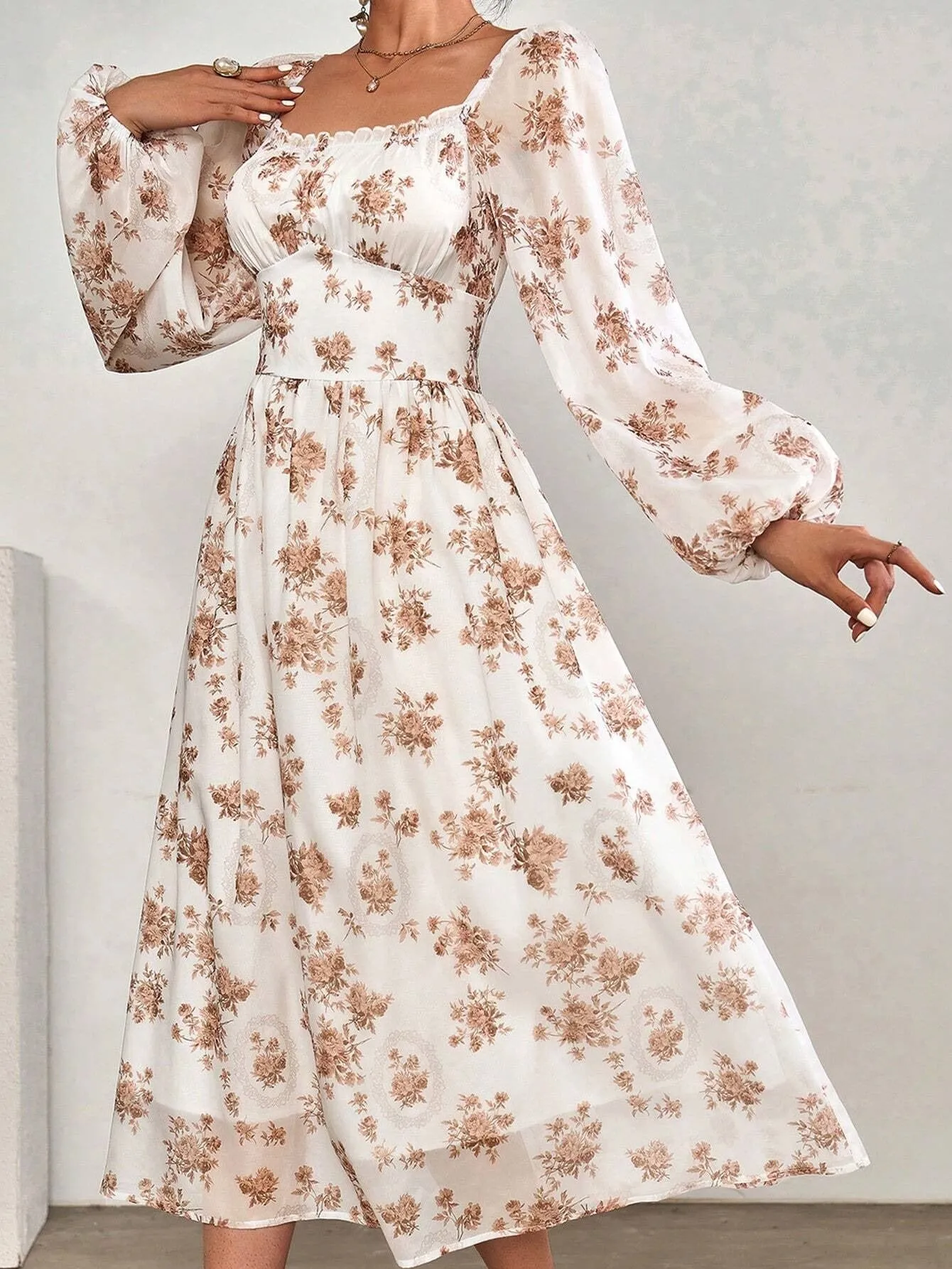 Brown Floral Lantern Sleeve Pleated Dress