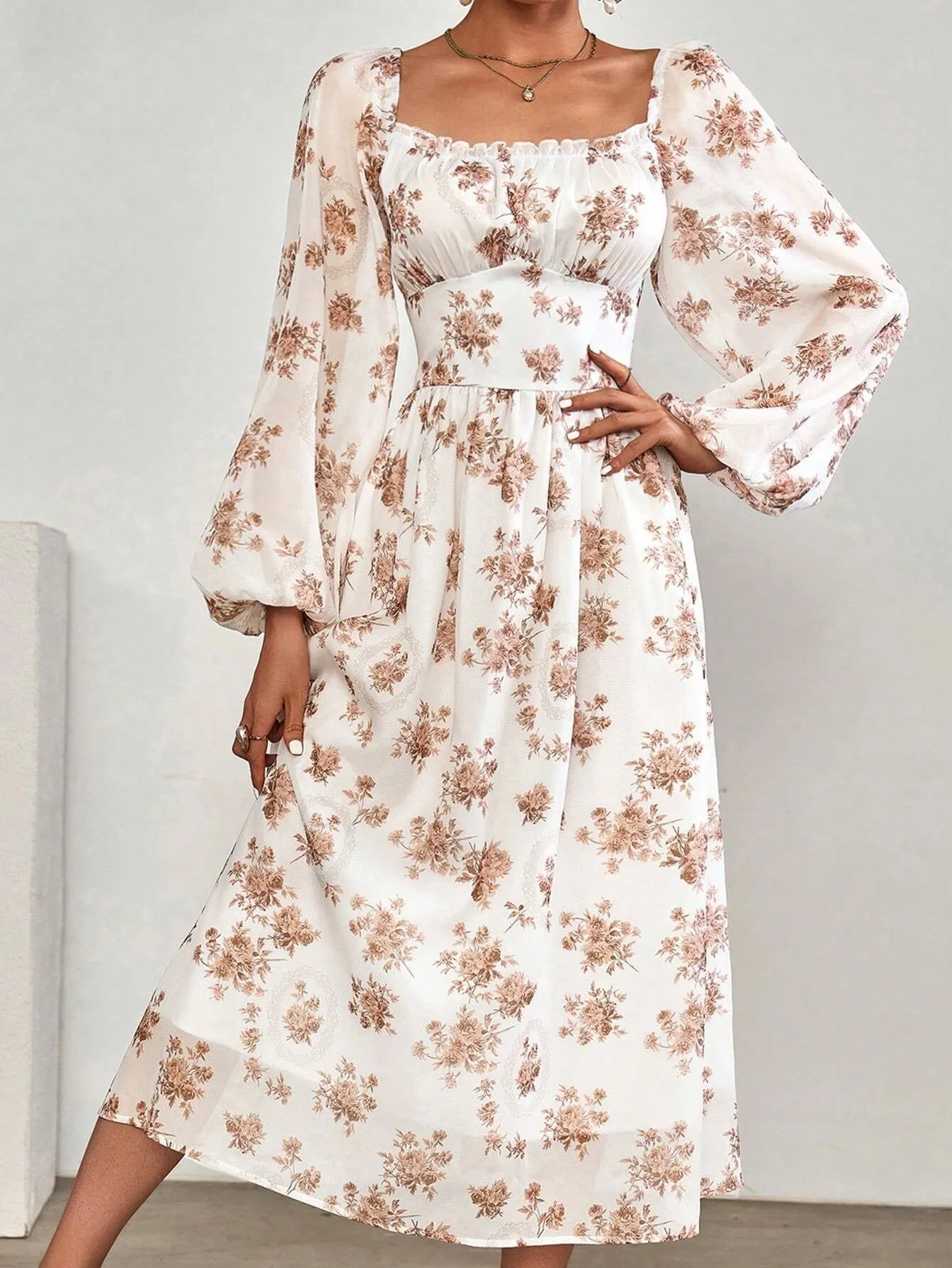 Brown Floral Lantern Sleeve Pleated Dress