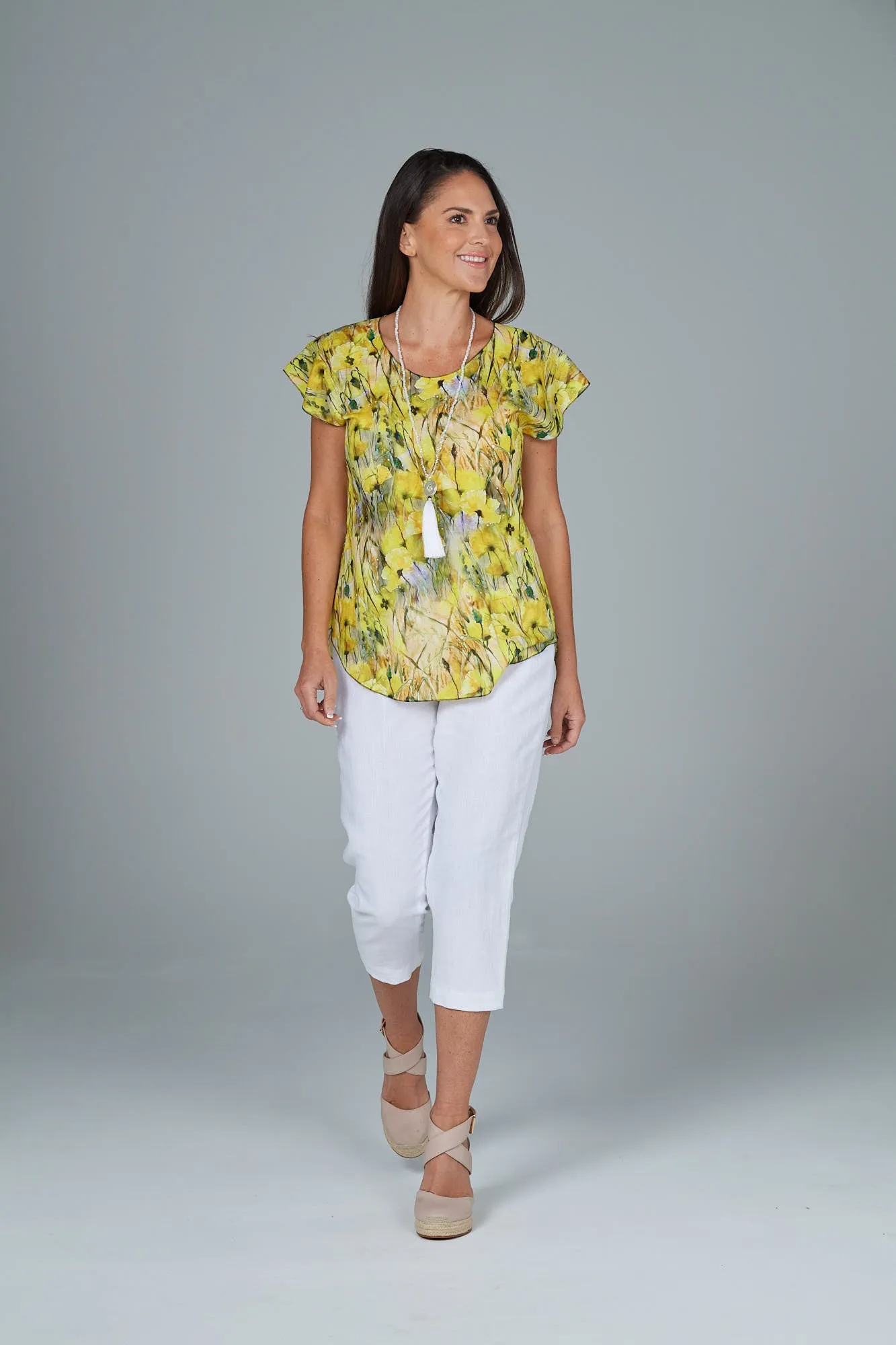 Buttercup Print Short Sleeve Linen and Silk Top