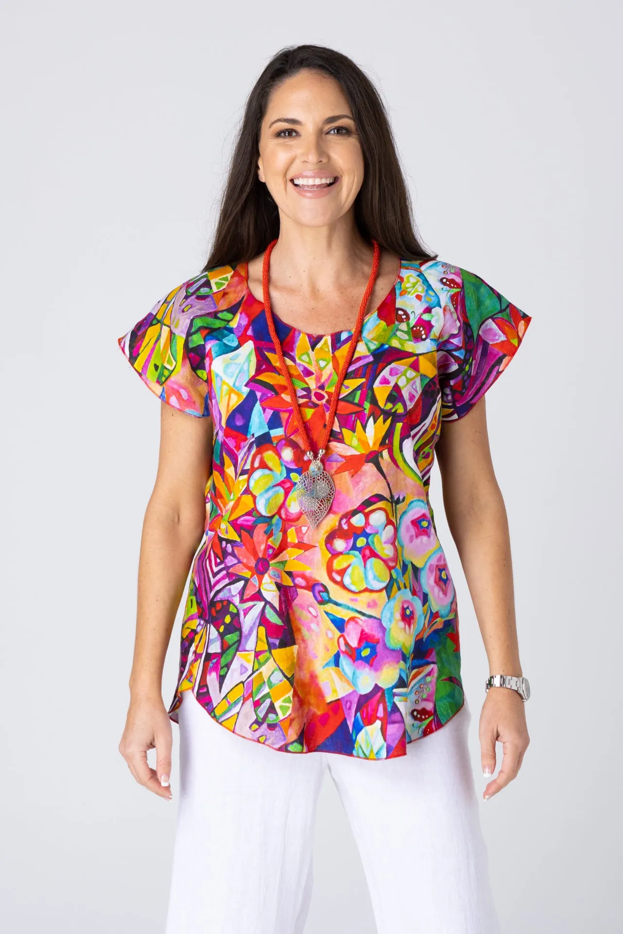 Calypso Print Short Sleeve 100% Linen Top