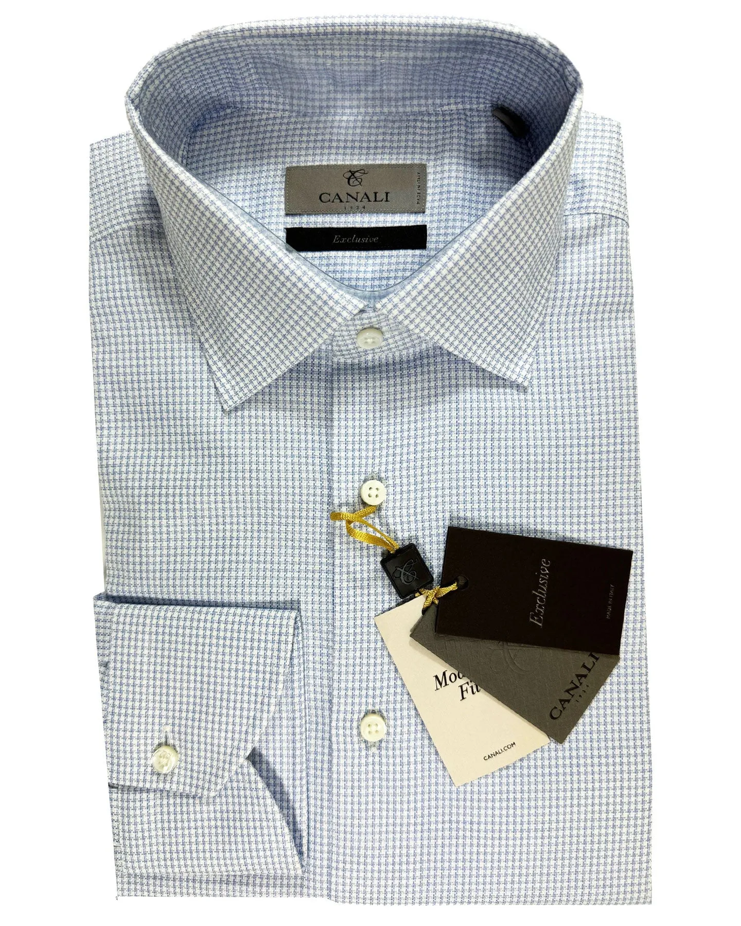 Canali Dress Shirt Exclusive White Blue Houndstooth - Modern Fit 40 - 15 3/4