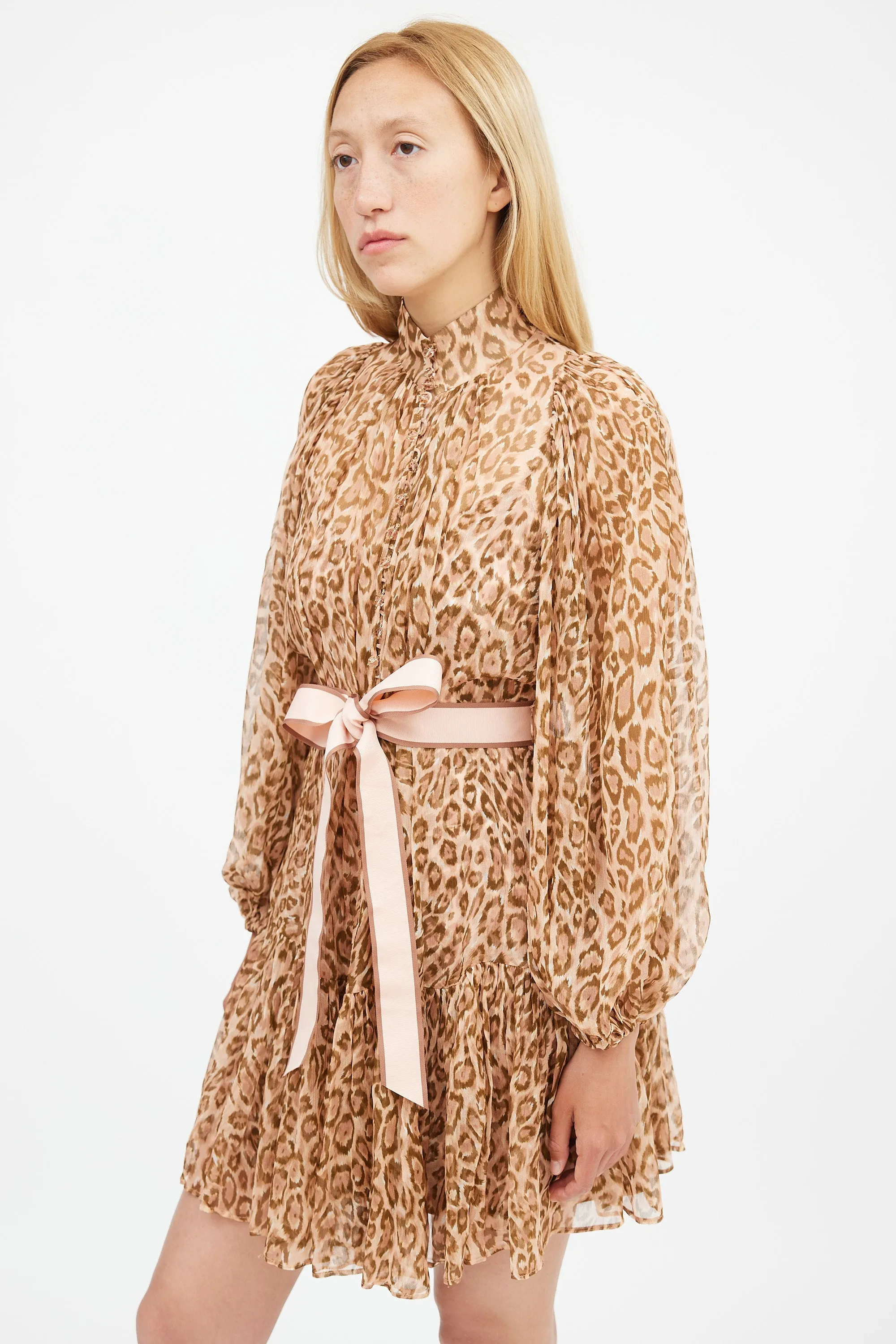 Fall 2019 Brown & Pink Silk Printed Espionage Belted Dress