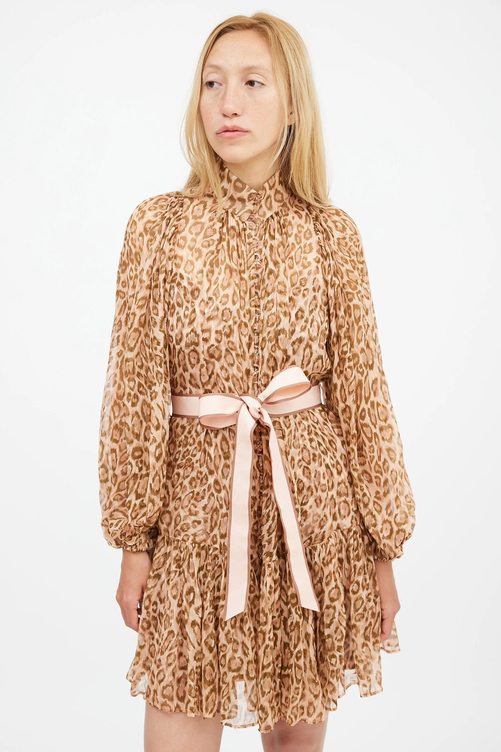 Fall 2019 Brown & Pink Silk Printed Espionage Belted Dress