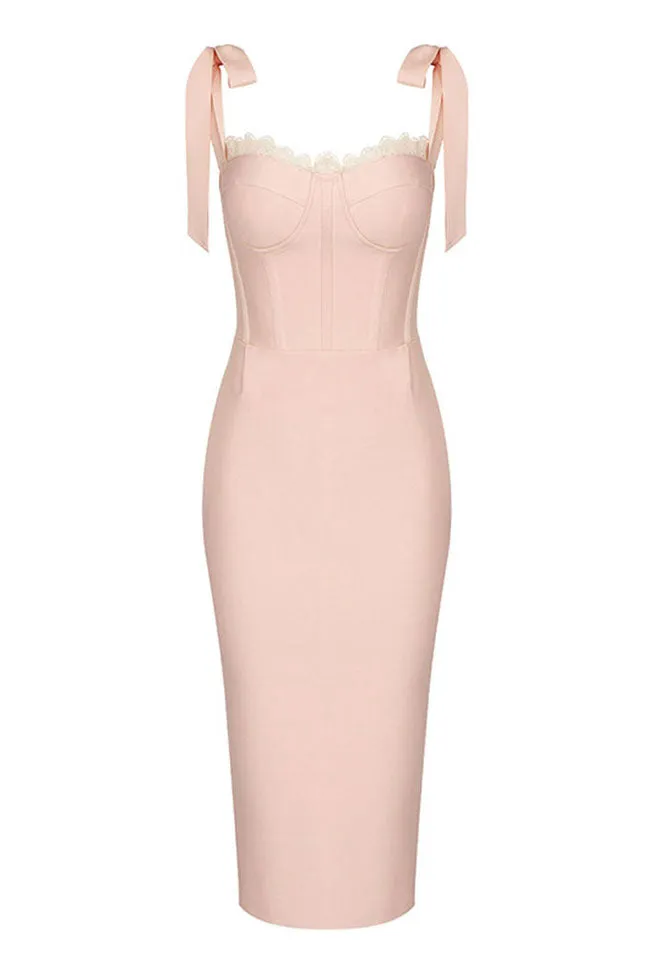 Feminine Scalloped Lace Sweetheart Bow Tie Bodycon Bandage Cocktail Midi Dress