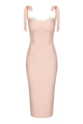 Feminine Scalloped Lace Sweetheart Bow Tie Bodycon Bandage Cocktail Midi Dress