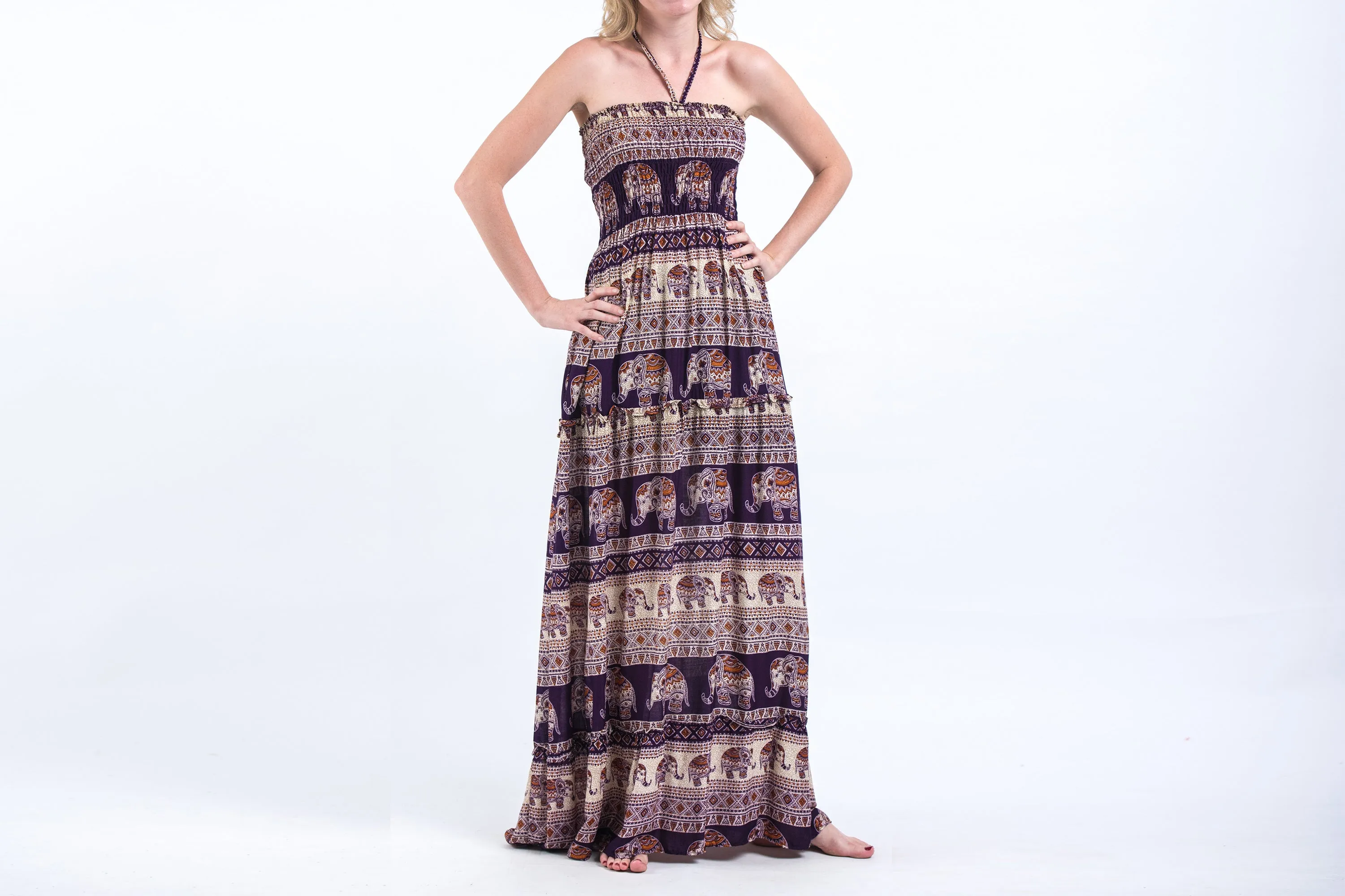 Festive Elephants Smocked Bandeau Maxi Dress in Purple